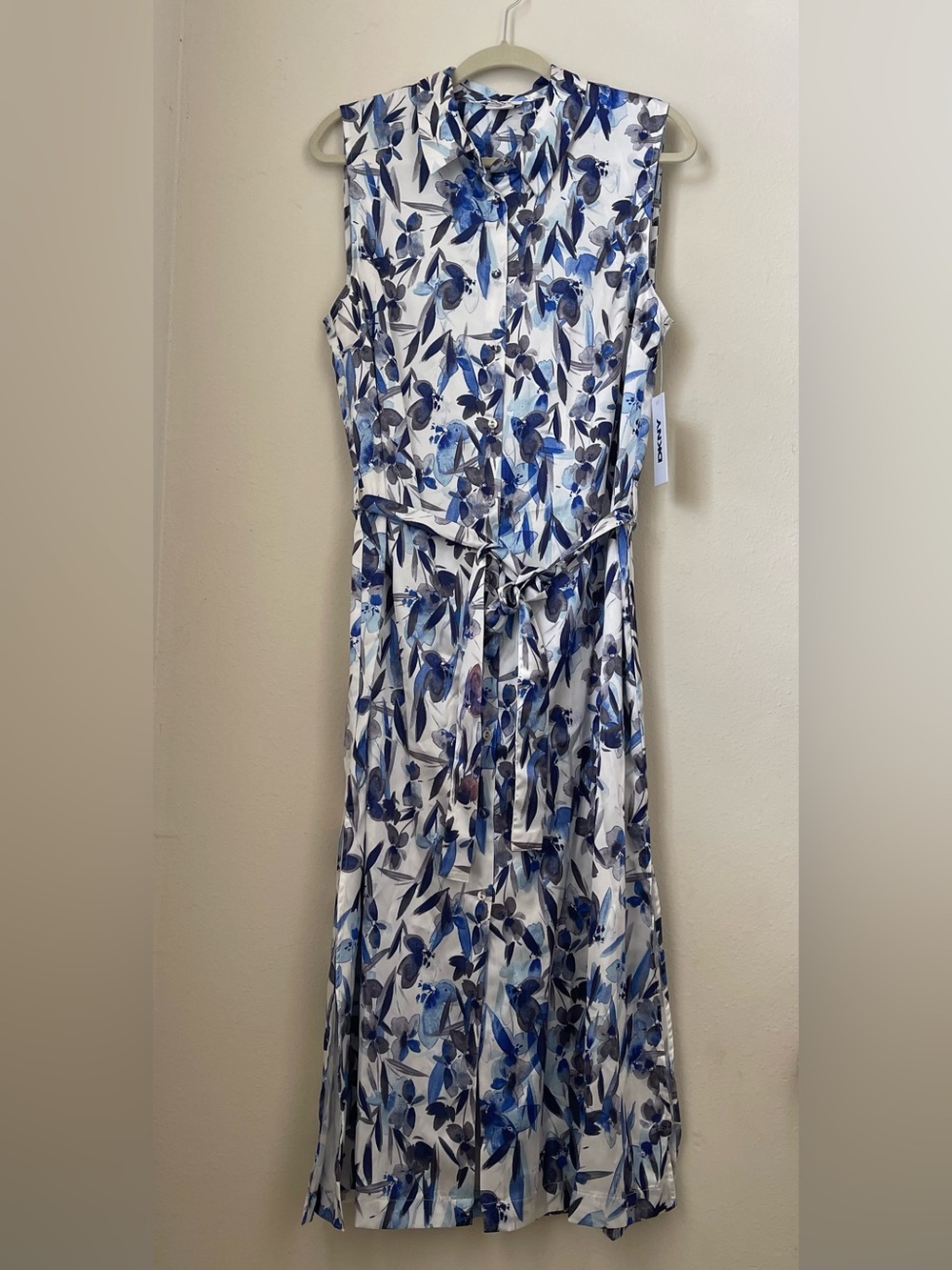 DKNY White Maxi Dress with Blue Floral Print and Tie Waist